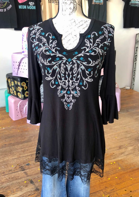 The Sapphira Rhinestone Hem Lace Tunic  - USA MADE