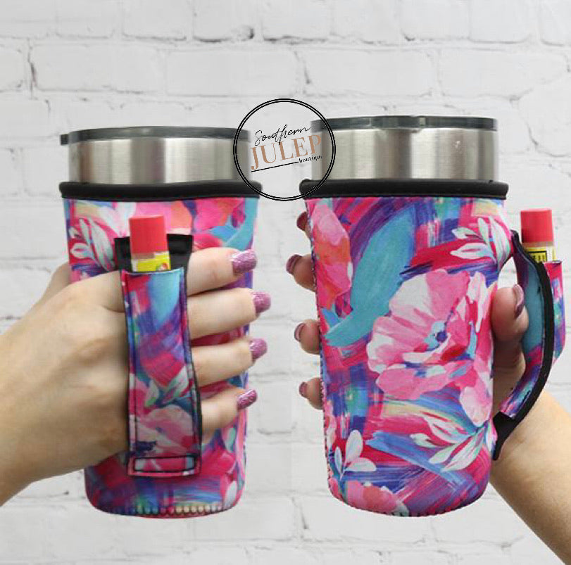 Tropical Floral Neoprene 20oz Tumbler Holder with Pocket Handle-Fits YETI®