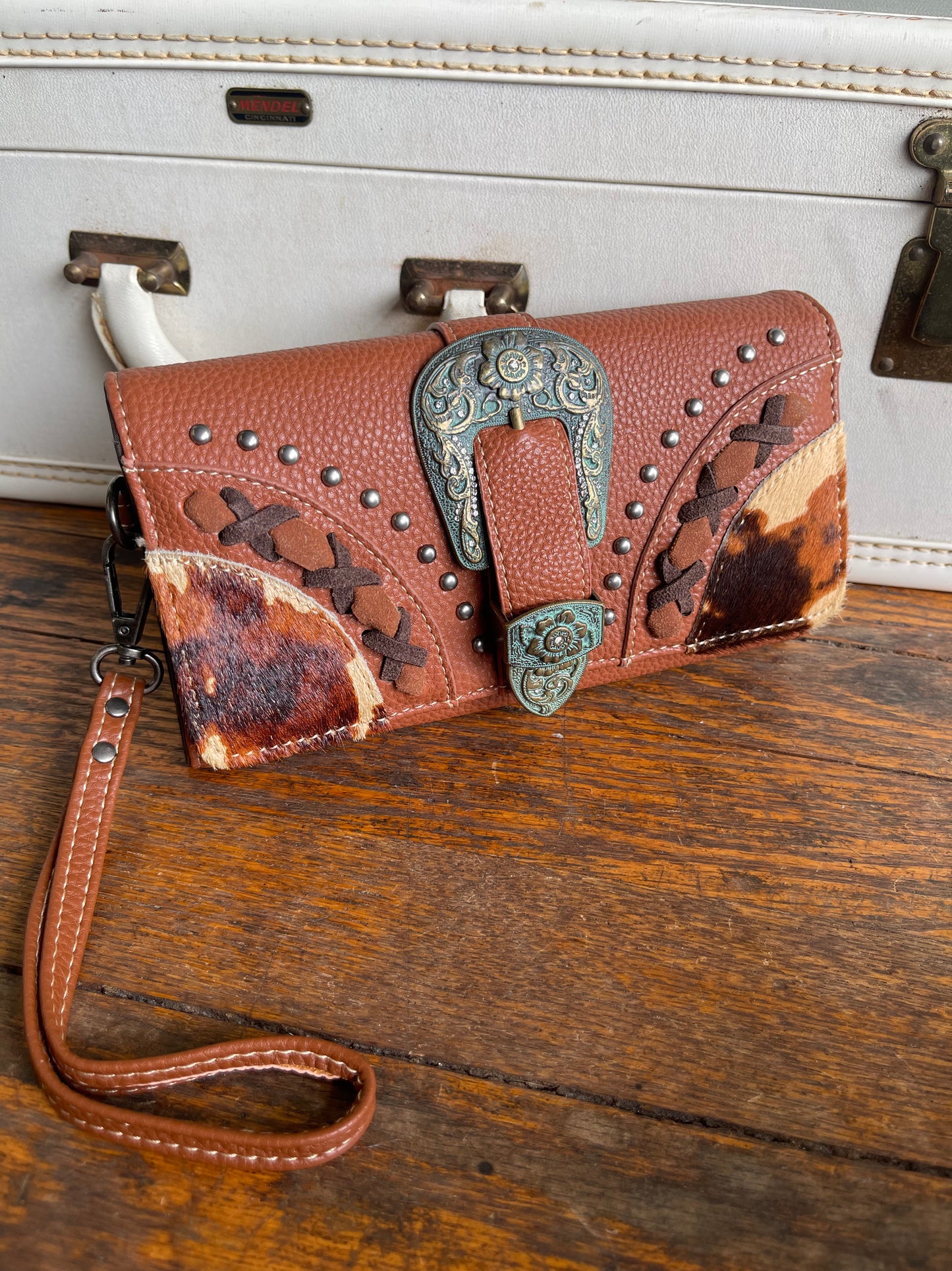 Trinity Ranch Hair-On Cowhide Buckle Collection Wristlet Wallet - Brown