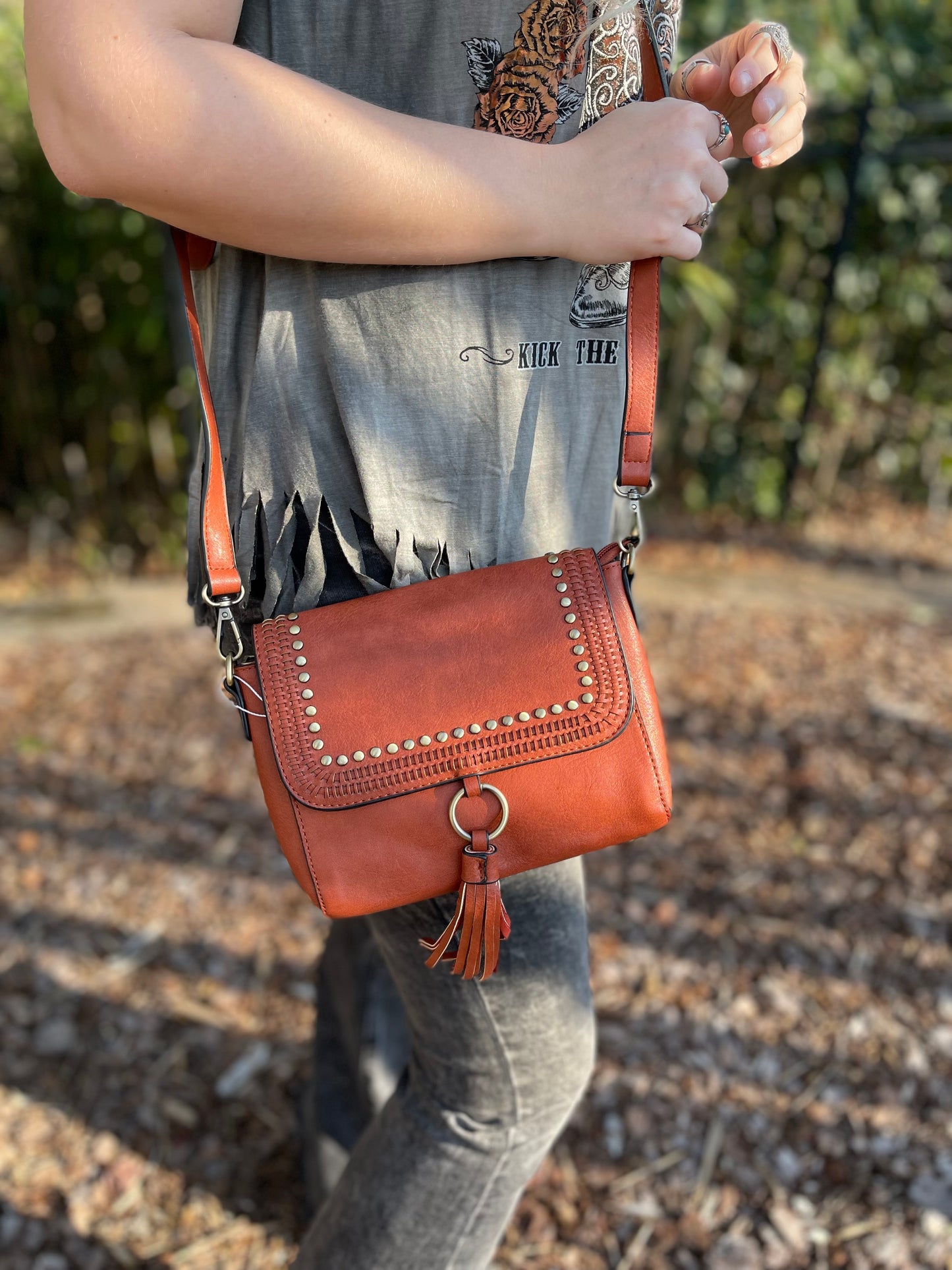 The Ellie Studded Crossbody Bag - Rust