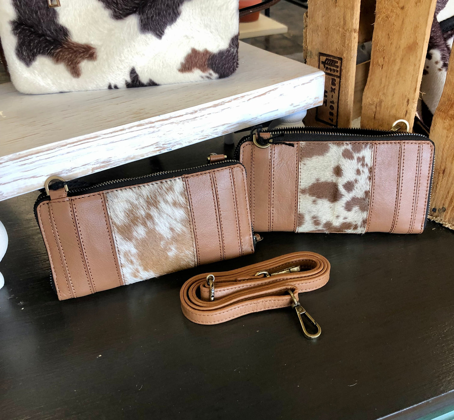 The Milly Genuine Leather & Cowhide Crossbody Wristlet Wallet - Coffee