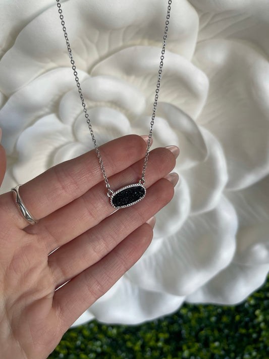 Dainty Oval Druzy Pendant Necklace & Earring Set - Black on Silver