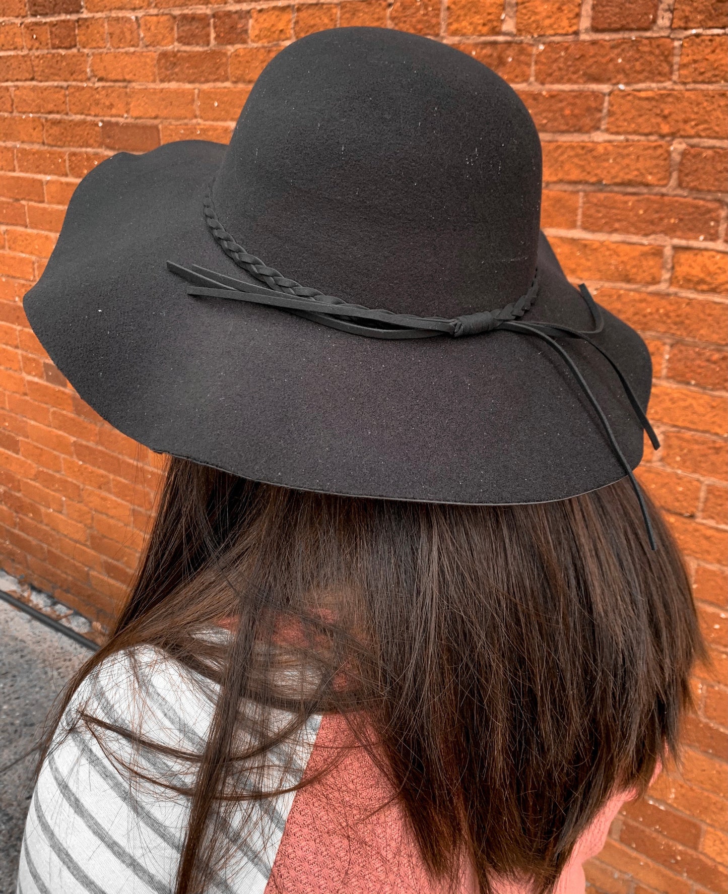 Wide Brim Felt Floppy Hat w/ Braided Band - Black