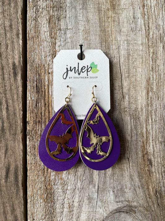 Halloween Teardrop Earrings - Purple/Bats