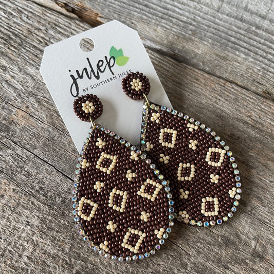 Rhinestone & Seed Beed Teardrop Earring - Brown