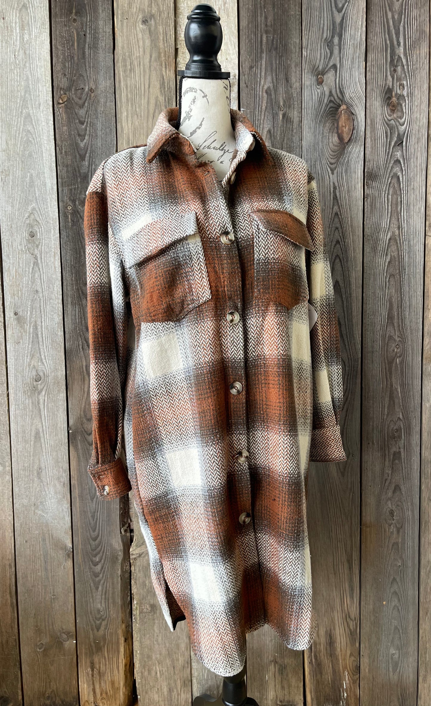 The Torrey Rust Plaid Long Coat Shacket