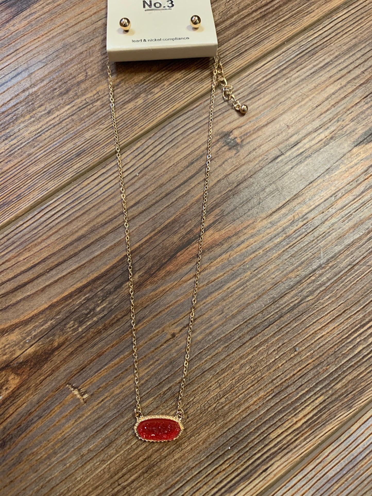 Dainty Oval Druzy Pendant Necklace & Earrings Set - Red on Gold