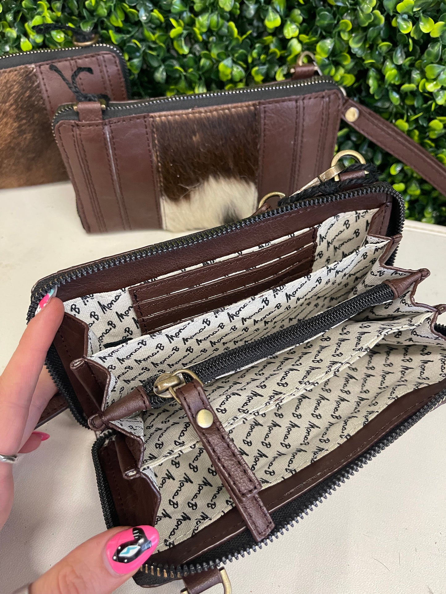 The Milly Genuine Leather & Cowhide Crossbody Wristlet Wallet - Chocolate