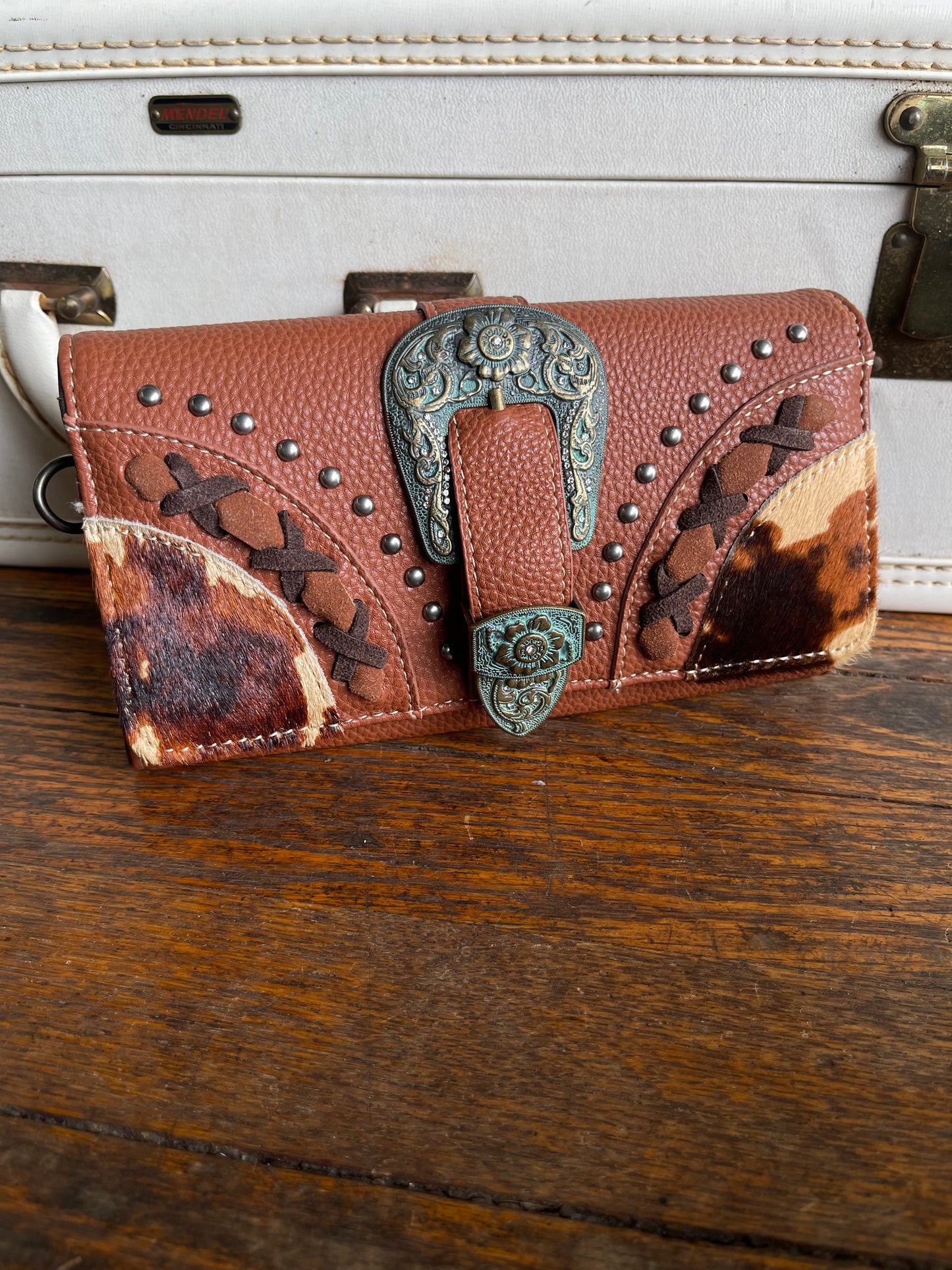 Trinity Ranch Hair-On Cowhide Buckle Collection Wristlet Wallet - Brown