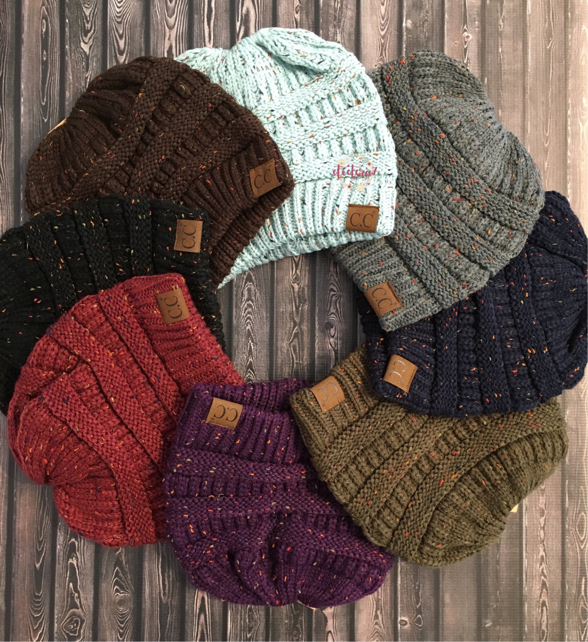 C.C Brand Messy Bun Cable Knit CC Beanie Tail Beanie Hat in Assorted Colors