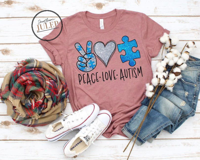 Peace Love Autism Blue Puzzle SS Boutique Tee - Custom Printed Preorder Tees