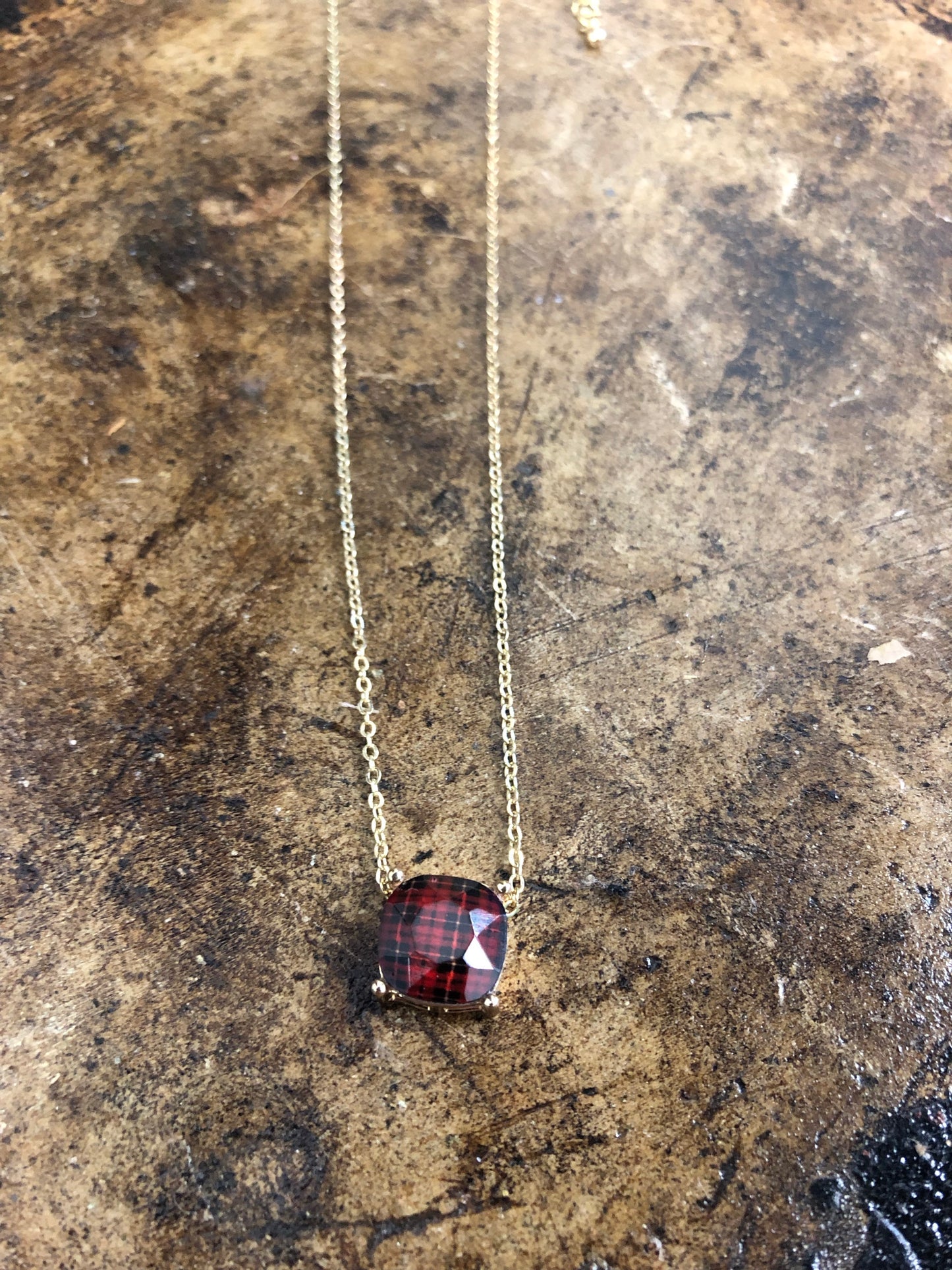 16" Christmas Red Plaid Crystal Pendant Necklace