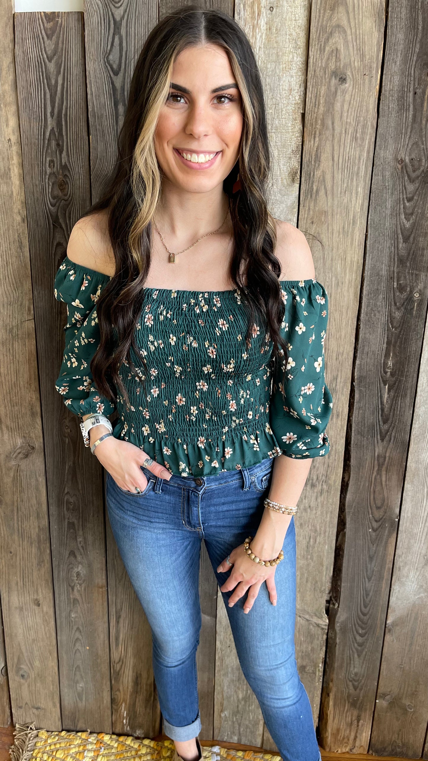 The Cianna Emerald Smocked Floral Print Top