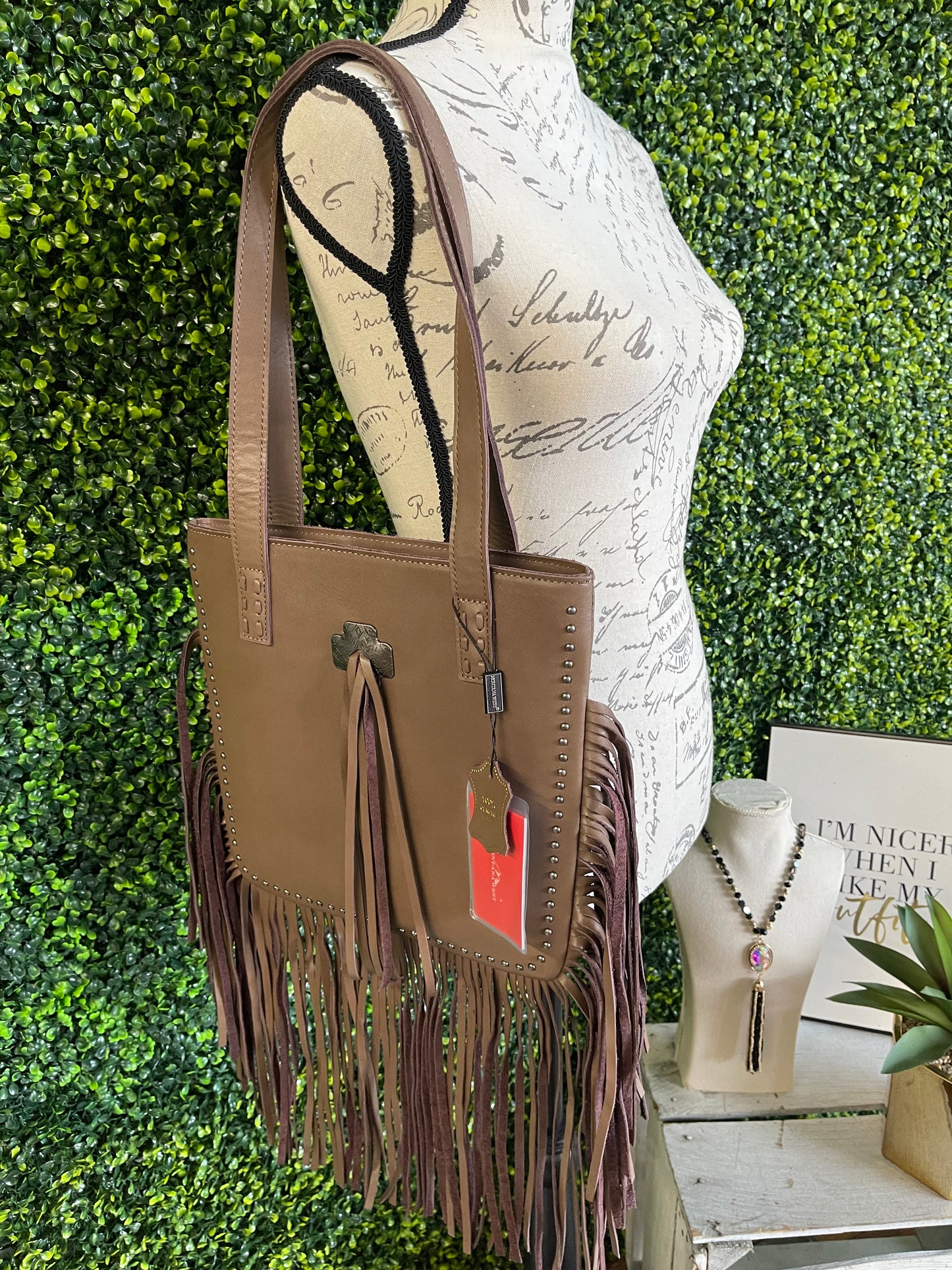 Montana West Ansley Genuine Leather Fringe Tote - Khaki