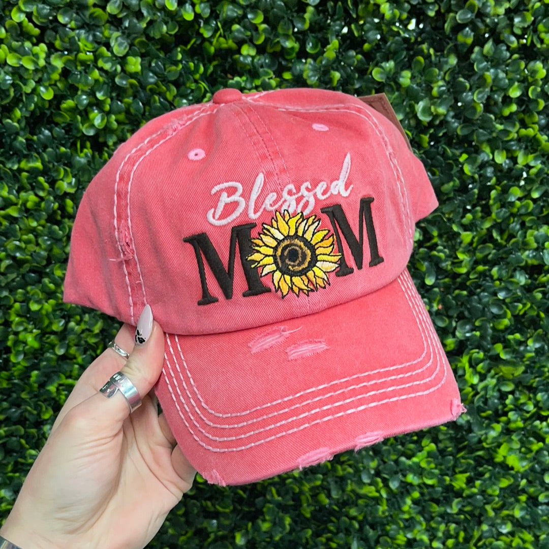 Blessed Mom Sunflower Hat - Coral
