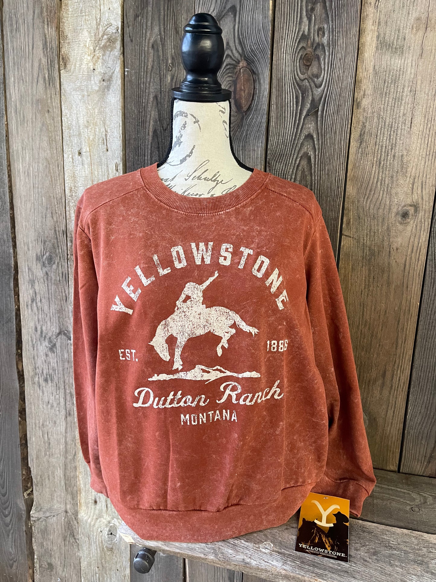 Yellowstone Logo Bronco Rider Mineral Wash Sweatshirt / Rust