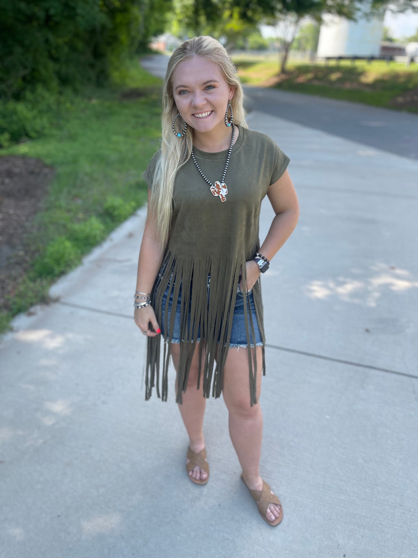 Dark Olive Suede SS Long Fringed Top