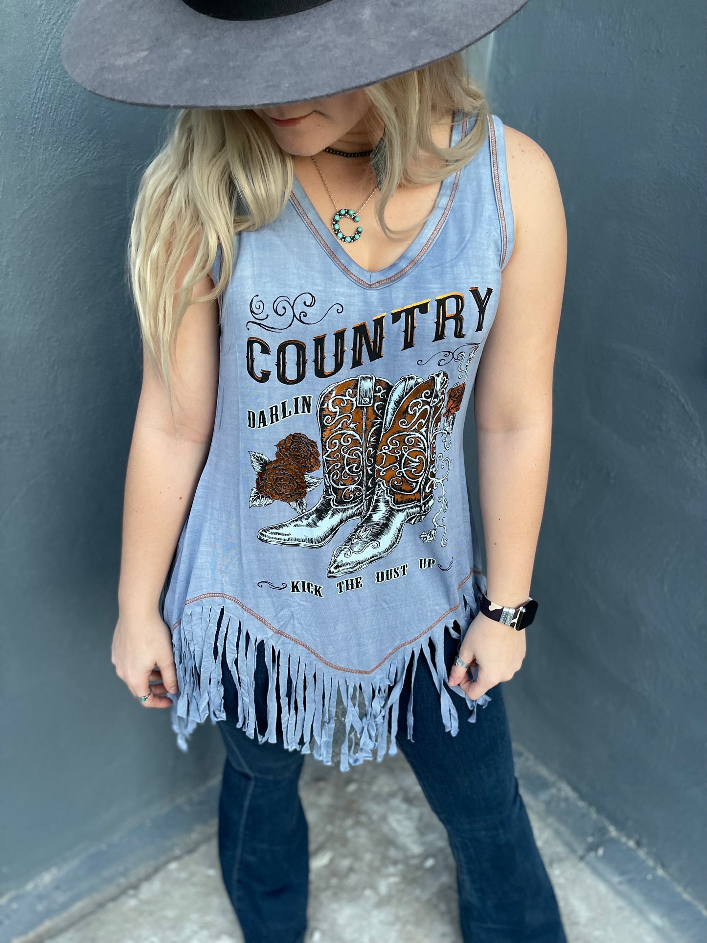 Country Darling Mineral Washed Fringed Tunic Tank - USA MADE