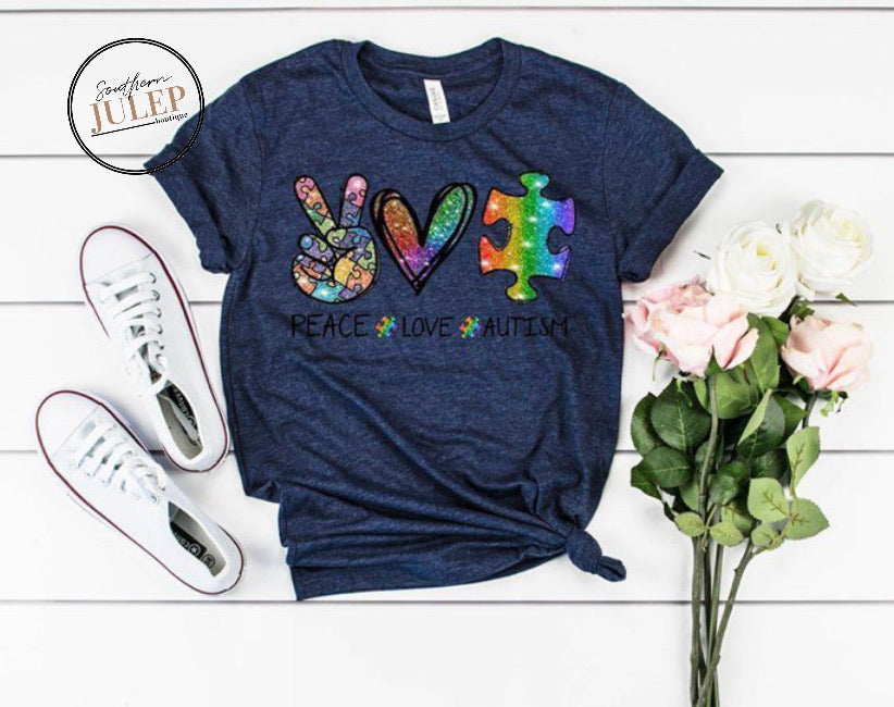 Peace Love Autism Rainbow Puzzle SS Boutique Tee - Custom Printed Preorder Tees
