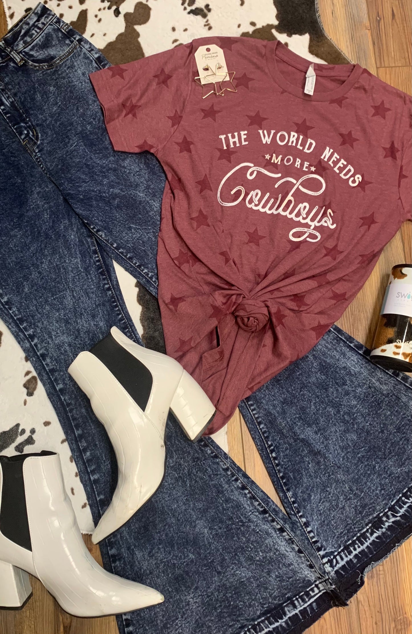 The World Needs More Cowboys Boutique Soft Star Tee - Maroon