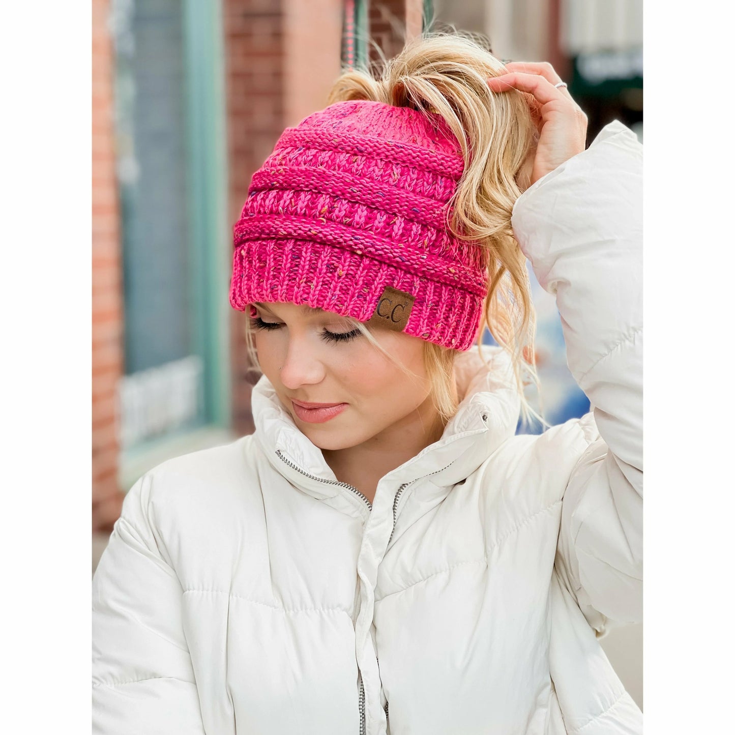 CC Beanie Messy Bun Ombre Speckled Hat - MB817