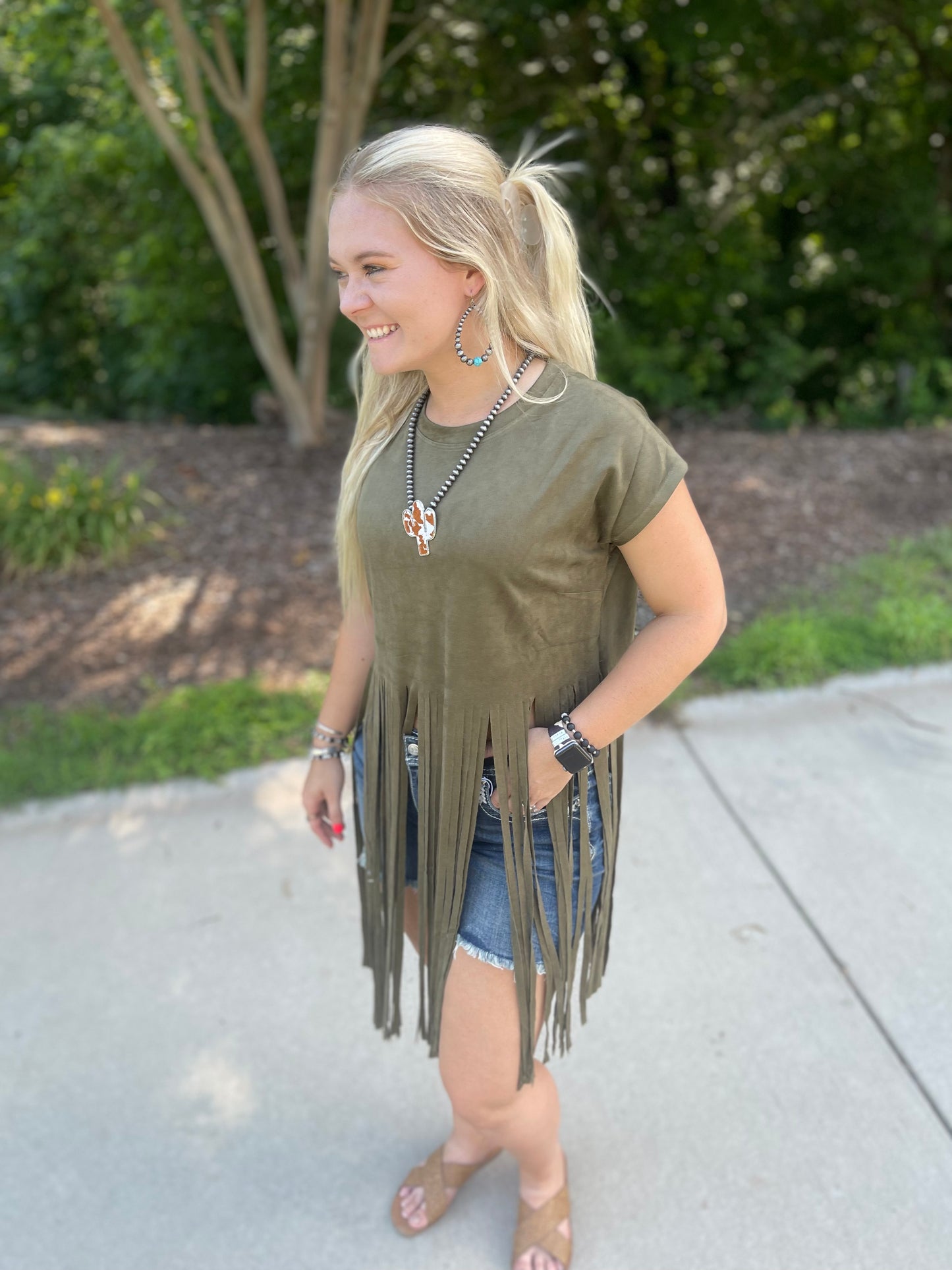 Dark Olive Suede SS Long Fringed Top