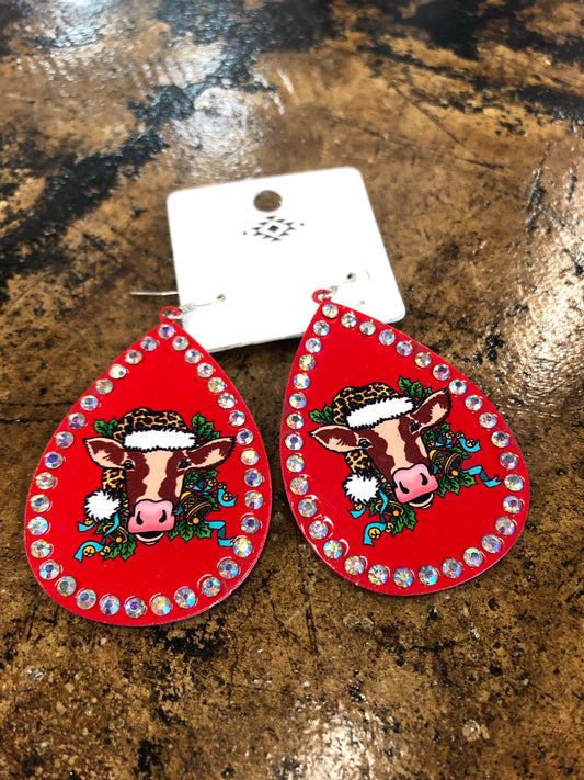 Leopard Christmas Stocking Cow Rhinestone Metal Teardrop Earrings - Red