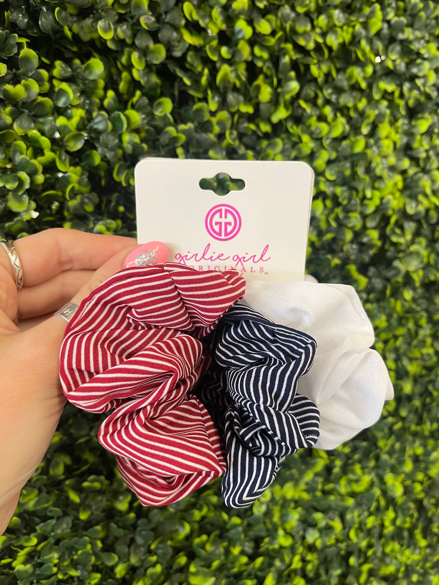 Pack of 3 Assorted Hair Scrunchies - Red, Black & White / Stripes - (SCR18)