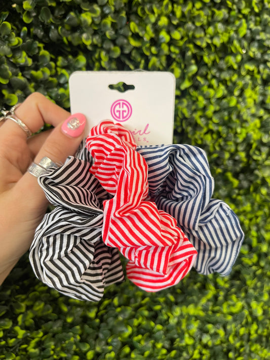 Pack of 3 Assorted Hair Scrunchies - Red, White, Blue Stripes - SCR27