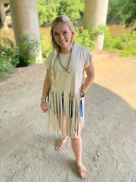 Natural Suede SS Long Fringed Top