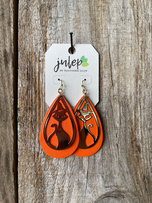 Halloween Teardrop Earrings - Orange/Cat