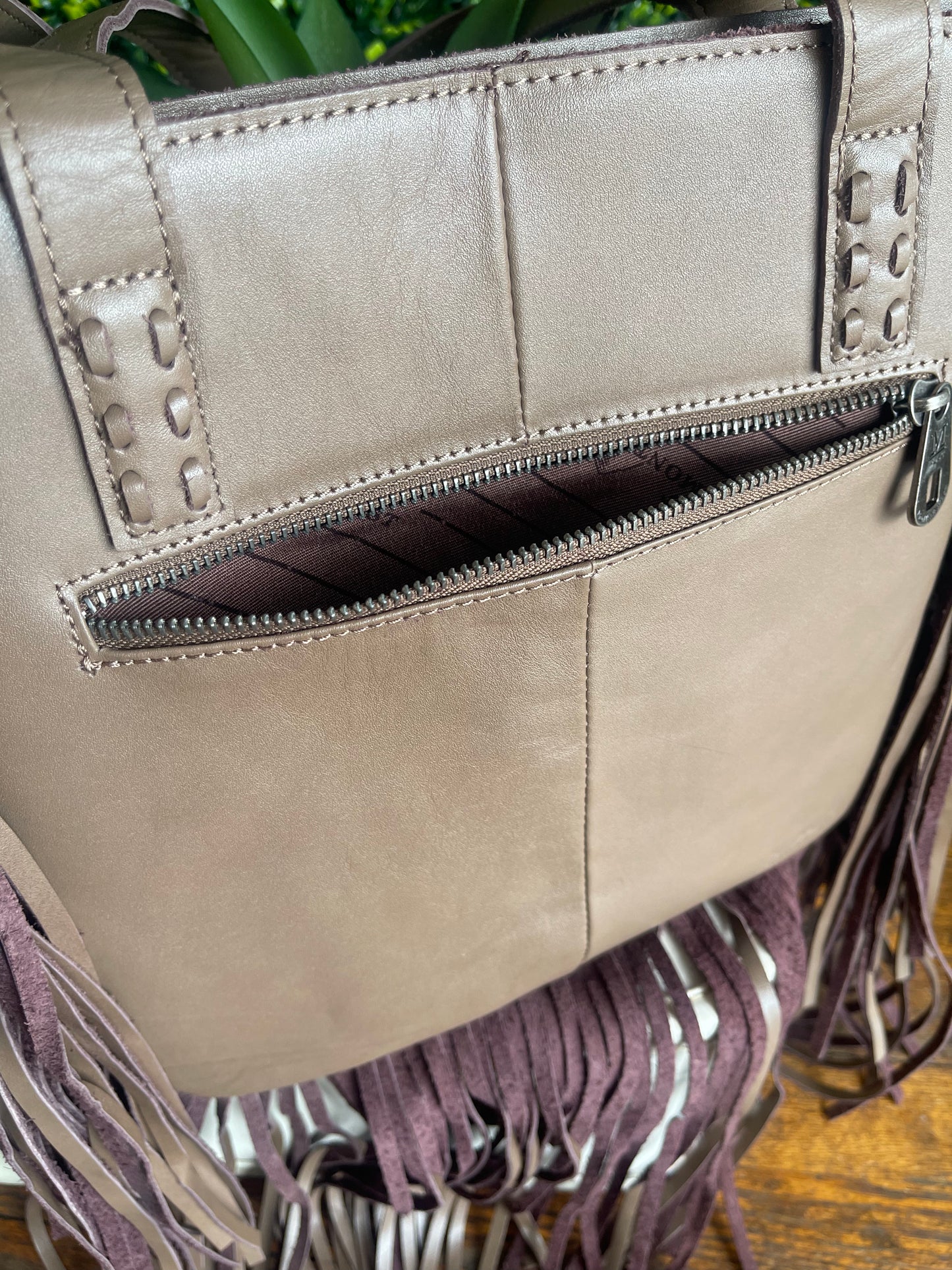 Montana West Ansley Genuine Leather Fringe Tote - Khaki