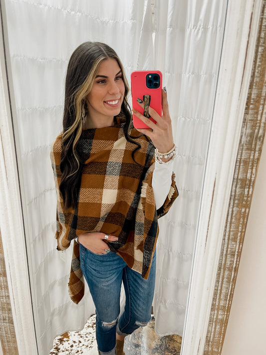 The Presley Brown Multi Plaid Poncho