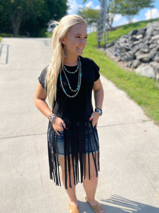 Black Suede SS Long Fringed Top