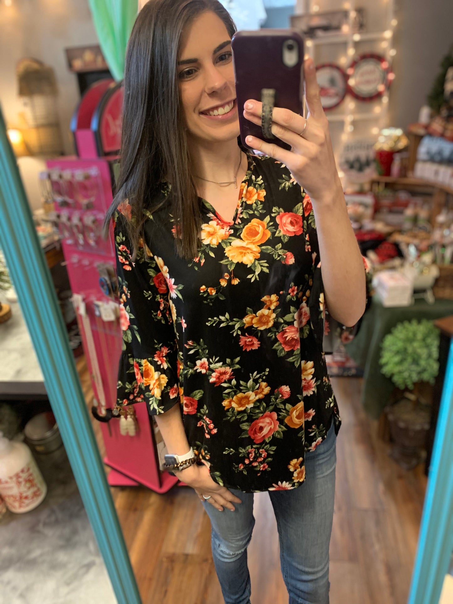Black Floral Bell Sleeve Hi-Lo Tunic