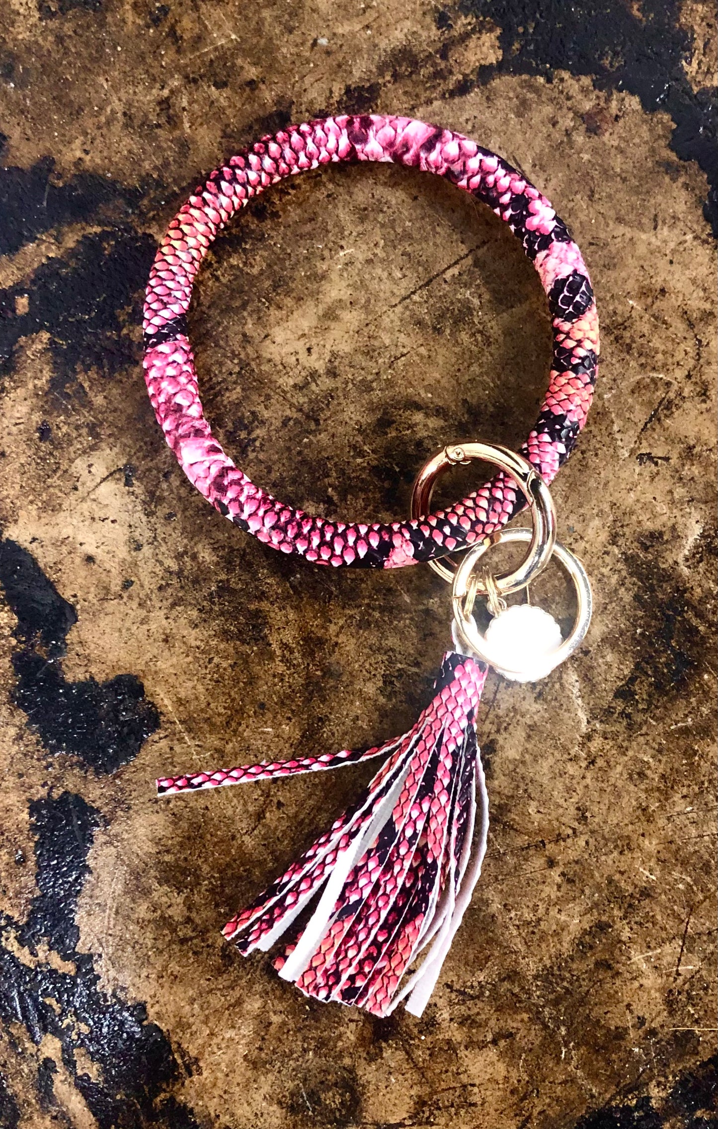 Pink Snakeskin Wristlet Keyring Bangle Bracelet